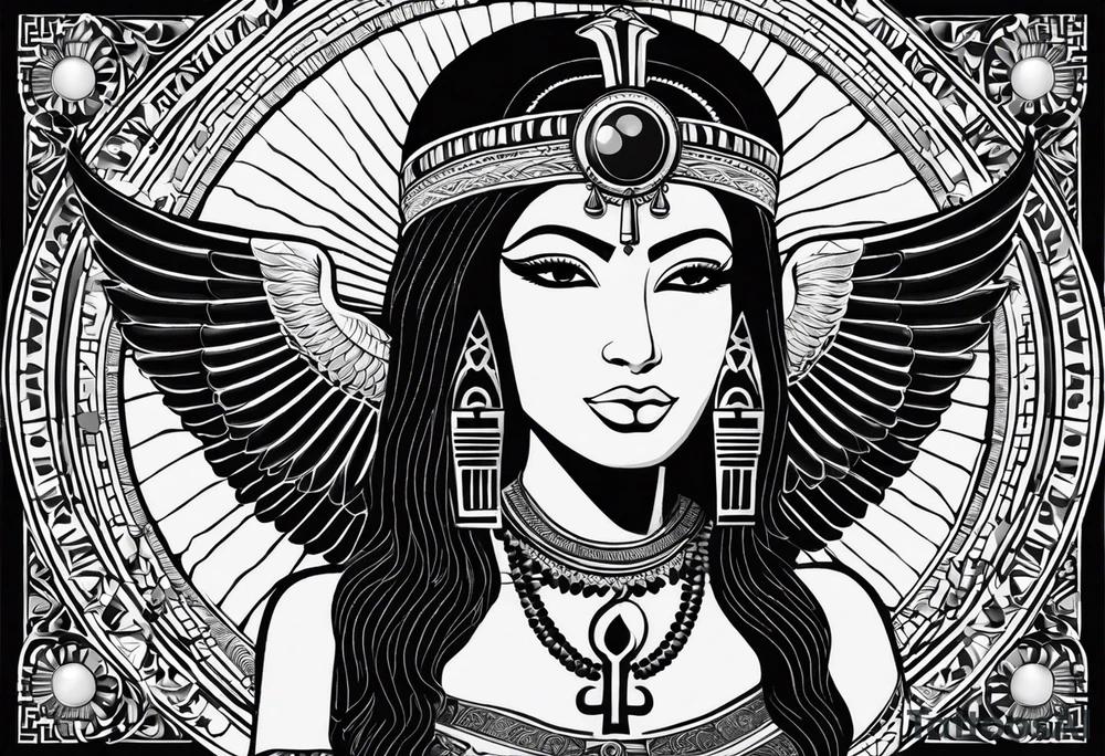 black and white Egyptian goddess Isis, who is often depicted as a woman with outstretched wings, holding an ankh (a symbol of life) in one hand and a lotus flower in the other. Her headdress often includes a throne or a solar disk. The tattoo design can vary in style and size, but it typically aims to capture the essence of this revered Egyptian deity, emphasizing her beauty, power, and maternal qualities. The choice of colors and additional elements can also be customized to create a unique and visually striking representation of the goddess Isis tattoo idea