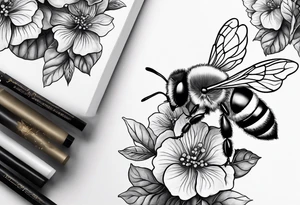 Small tattoo. There’s a hydrangea and a bee but they are not touching. The bee is small and to the left of the hydrangea. tattoo idea
