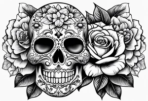 Sugar skull with roses daisies and water lilies for half sleeve down arm tattoo idea