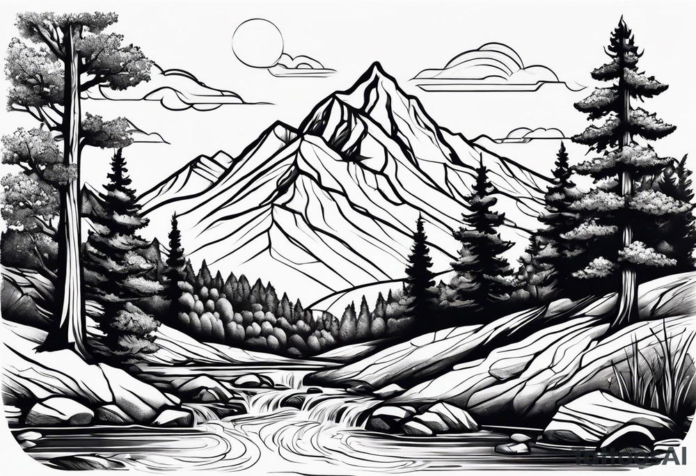 Mountain stream in an oak forest tattoo idea