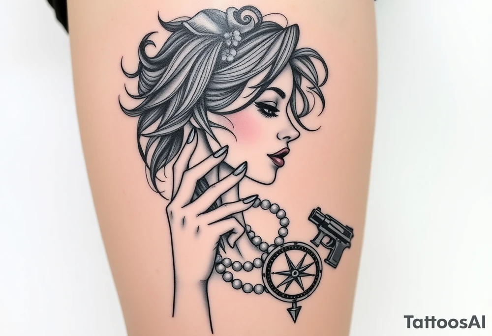 Profile of sexy woman with messy hair
, hand on chin, mouth open , lace, lipstick, pearls
compass and gun near by tattoo idea