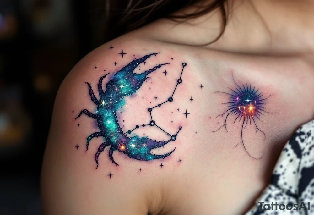 nebula-inspired Cancer constellation shines in metallic teal and lilac beside a glowing zodiac sign tattoo idea