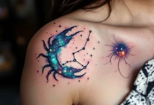 nebula-inspired Cancer constellation shines in metallic teal and lilac beside a glowing zodiac sign tattoo idea