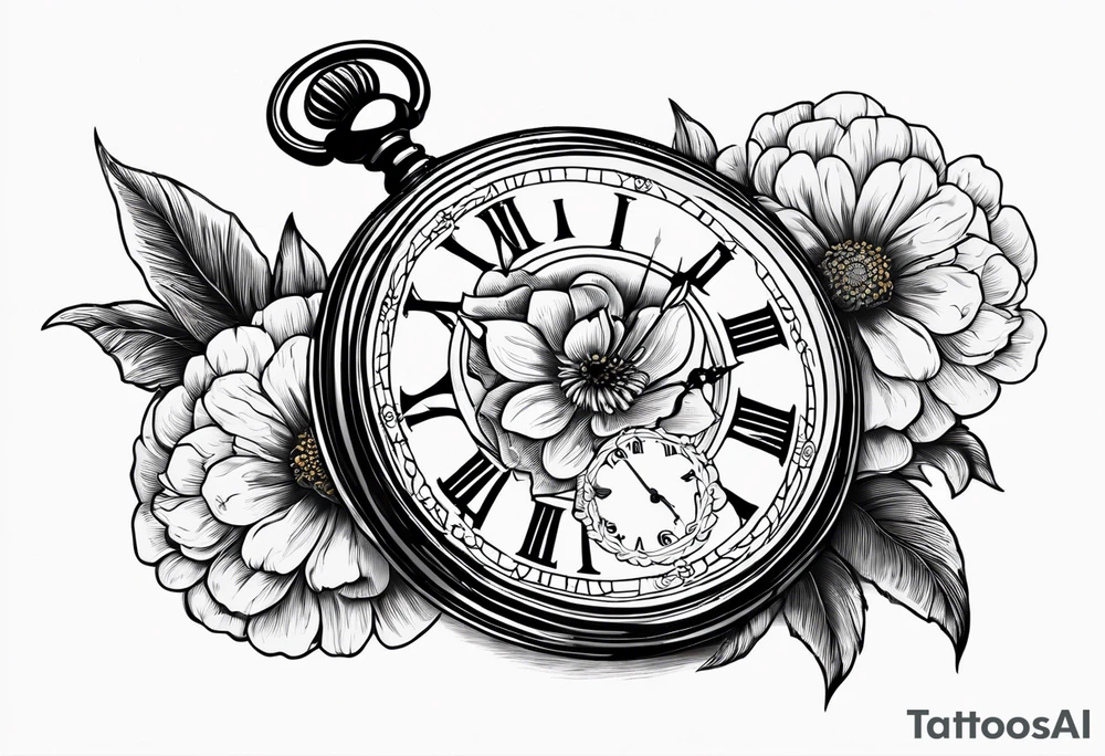 Vintage pocket watch with one marigold flower. tattoo idea