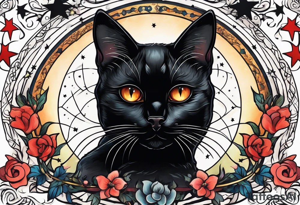 Photo realistic black cat head with moon and stars tattoo idea