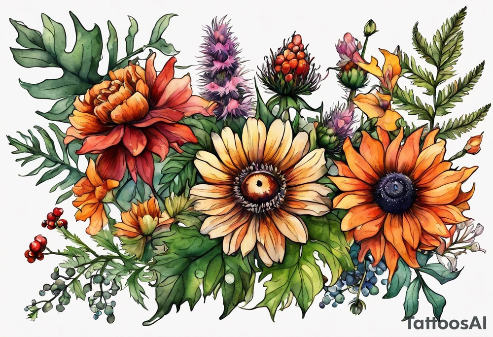 wildflowers with thistles, ferns, black eyed beauty flowers, cream flowers, sun flowers, orange flowers, green flowers, pink flowers, red flowers, berries and all in watercolor tattoo idea