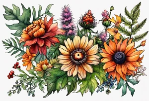 wildflowers with thistles, ferns, black eyed beauty flowers, cream flowers, sun flowers, orange flowers, green flowers, pink flowers, red flowers, berries and all in watercolor tattoo idea