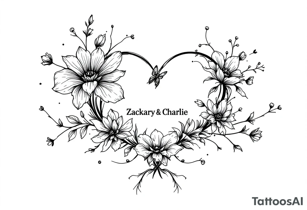 Flowers, heart and buttherfly with name Zackary and Charlie tattoo idea