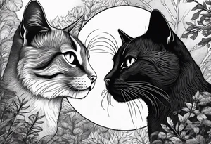 2 cats and crescent moon with trees tattoo idea