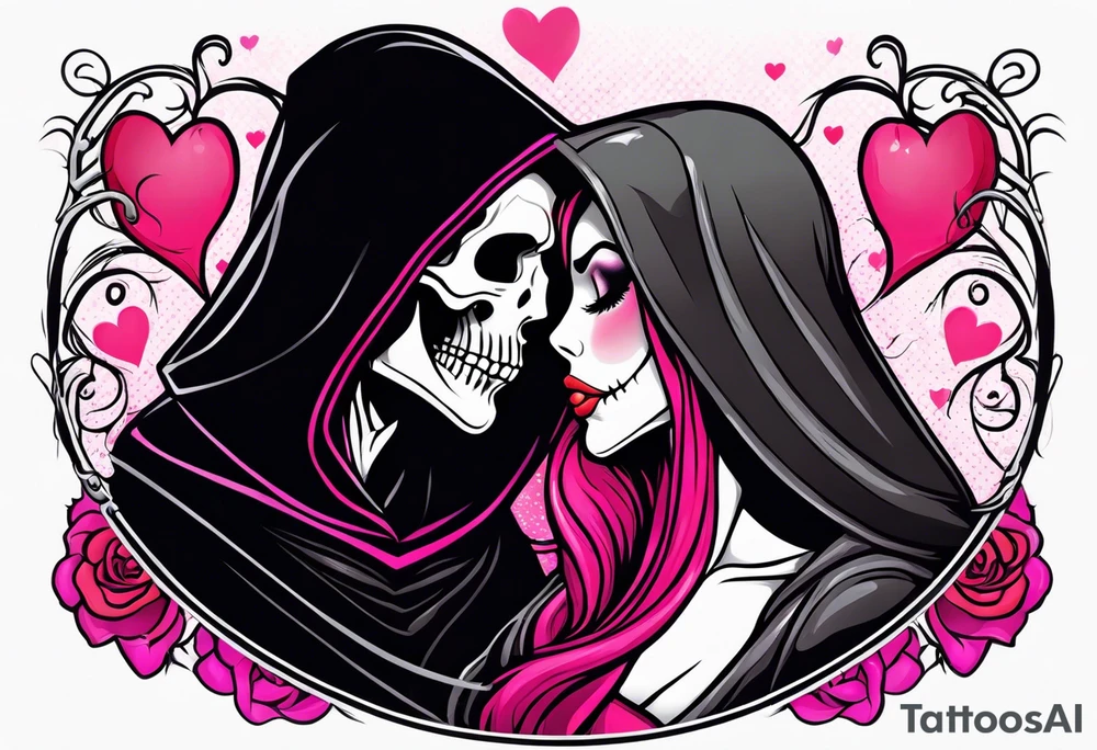 new school tattoo of a male grim reaper with black cloak kissing a female grim reaper in a bright pink cloak with small hearts in pink and red surrounding them , her lips turning from a skeleton to the rest of her face turning into normal skin tattoo idea