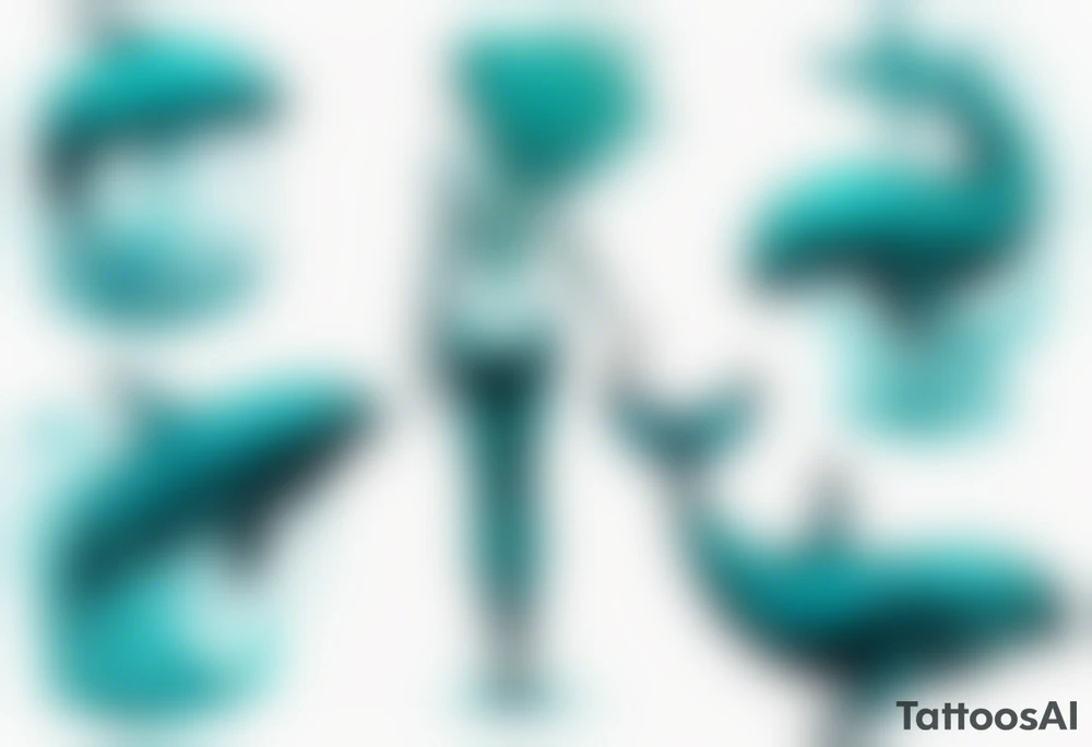 a tall woman made of water with turquoise hair standing on the back of a whale tattoo idea