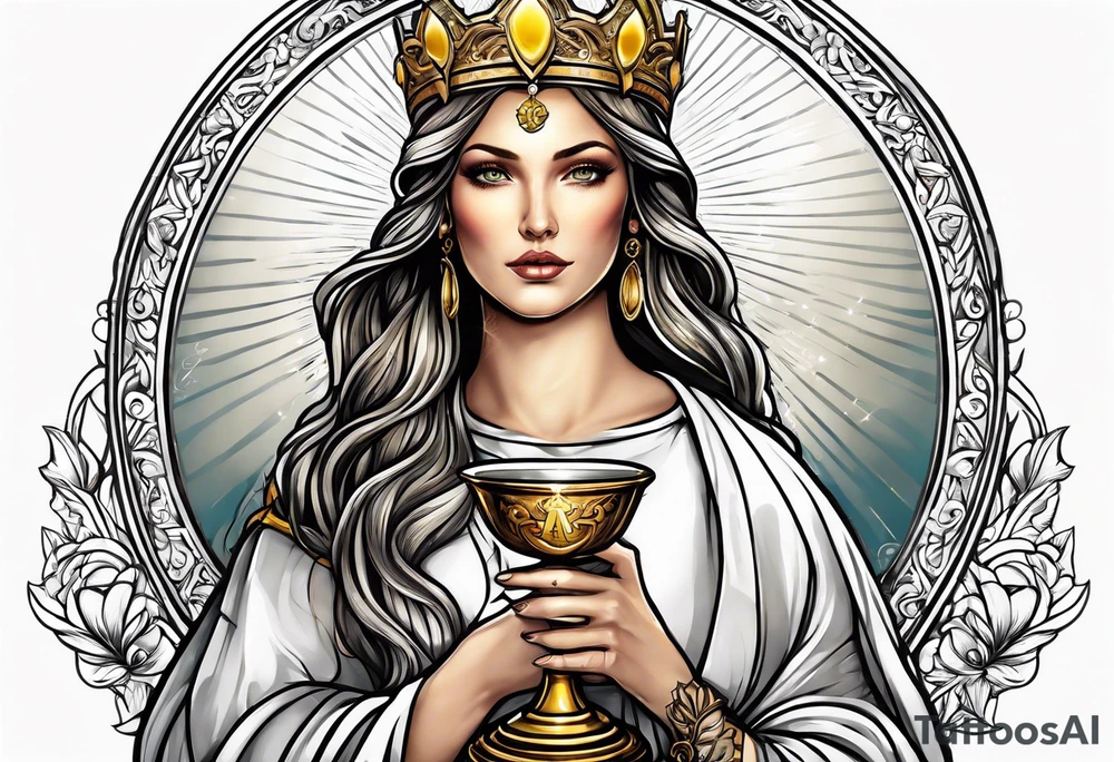 holy saint woman with golden halo holding a chalice tattoo idea