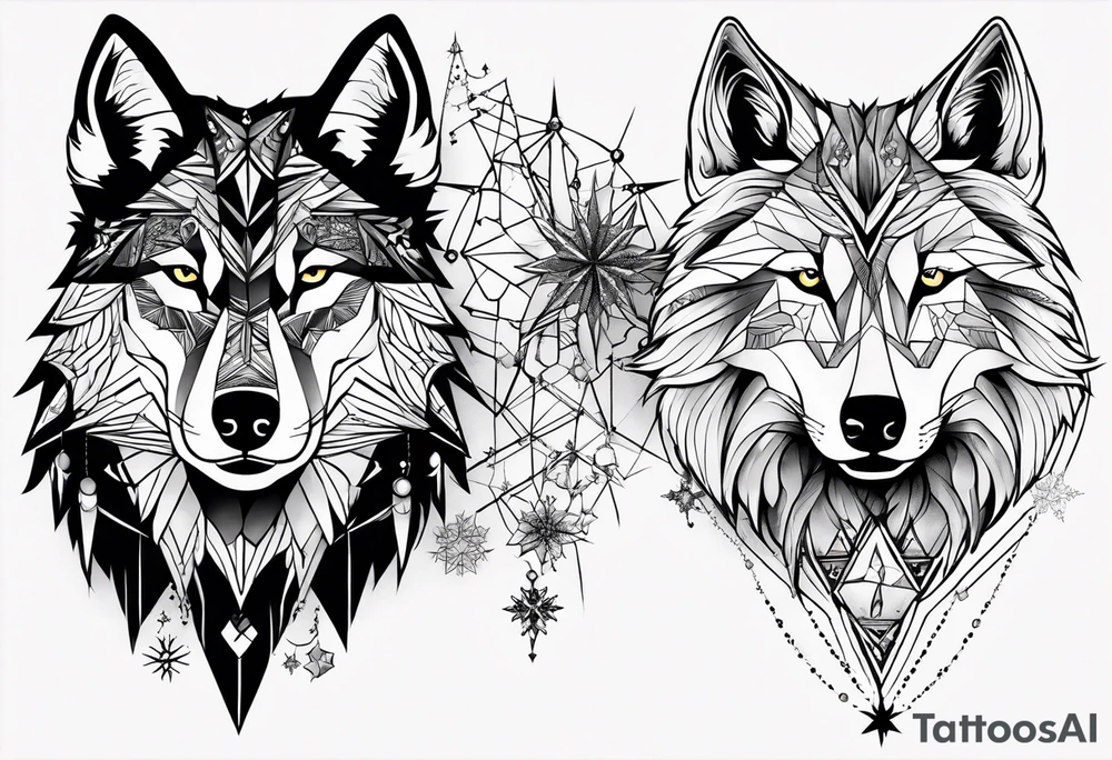 Constellation, two animal wolf, géométric, snowflake tattoo idea