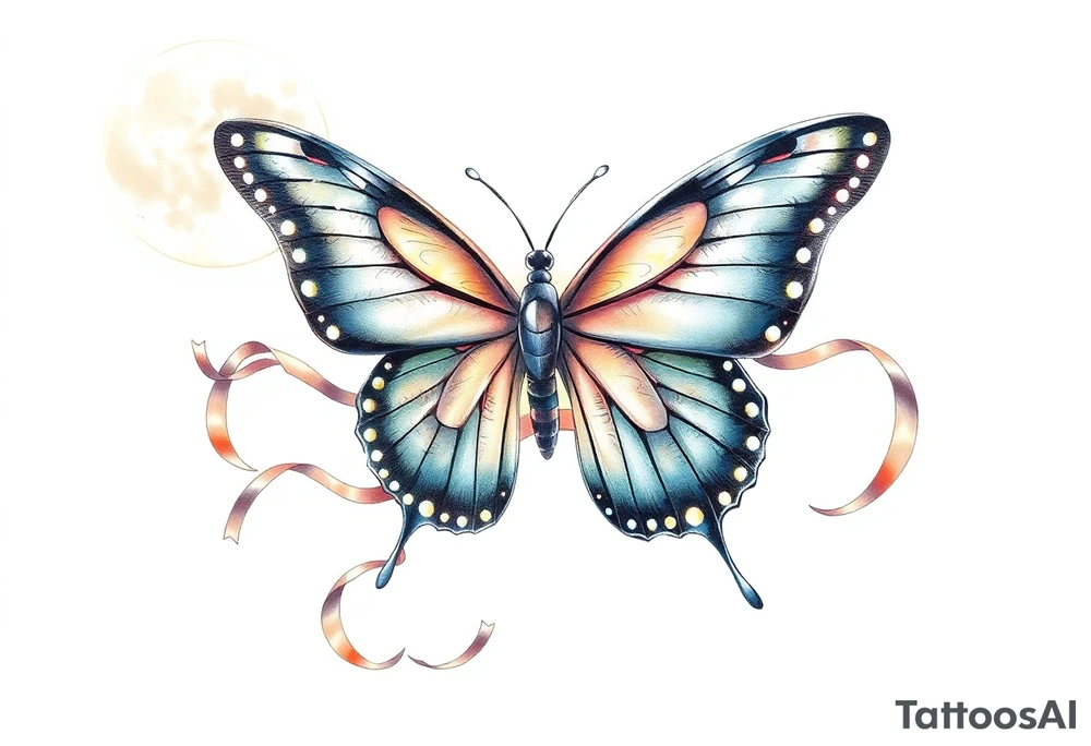 ethereal butterfly with flowing silk ribbons in moonlight tattoo idea