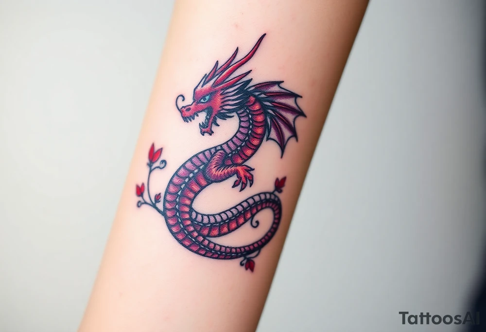 A bracelet wrapped around the arm dragon with purple and red tones, feathers and vines tattoo idea