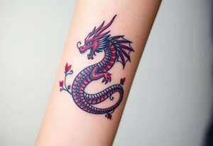 A bracelet wrapped around the arm dragon with purple and red tones, feathers and vines tattoo idea