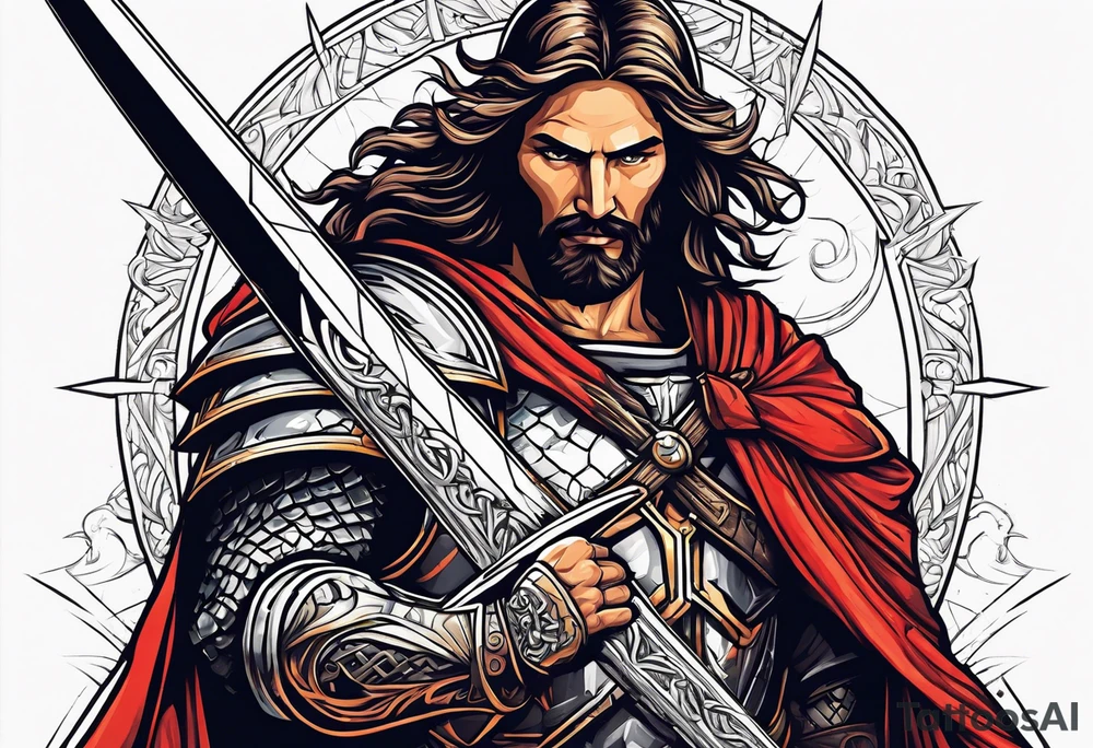 Almighty powerful Jesus in his indestructible armor and using his sword to cut off Satan's head tattoo idea