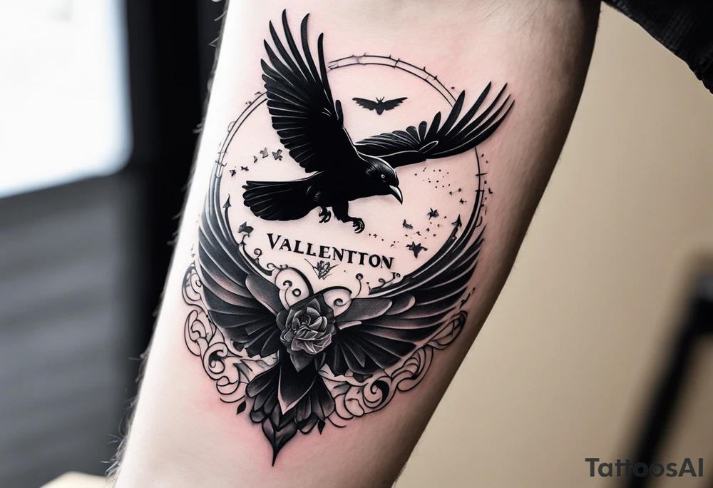 Black and white tattoo. The main image is a raven and a butterfly flying together towards the sky. The raven is shrouded in light and the butterfly in darkness. In the background you can see a 46 (from Valentino Rossi). You can also see a small scorpion and an 89, as well as a large lettering that reads "SKF". tattoo idea