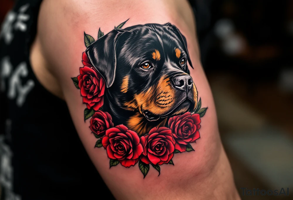 Rottweiler with Rose Wreath – A calm Rottweiler portrait surrounded by red and deep burgundy roses. Use full color with high contrast between the dark fur and bright petals. tattoo idea