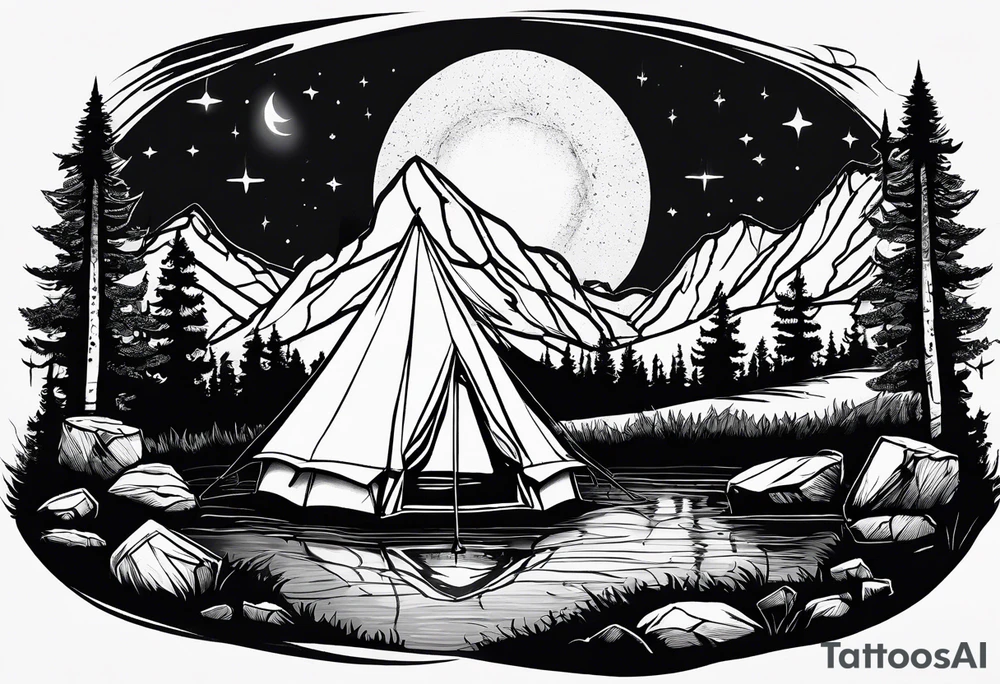 tent and camp fire with stone seating with a pond forrest mountains and the northern lights in the sky tattoo idea
