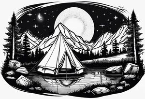 tent and camp fire with stone seating with a pond forrest mountains and the northern lights in the sky tattoo idea