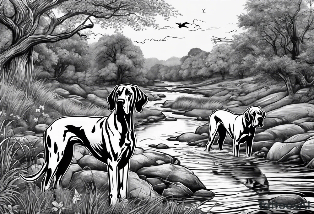 (full arm sleeve on guy) with (4) Four Great Dane floppy ear dogs spaced out across a nice creek bed playing together tattoo idea