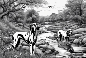 (full arm sleeve on guy) with (4) Four Great Dane floppy ear dogs spaced out across a nice creek bed playing together tattoo idea