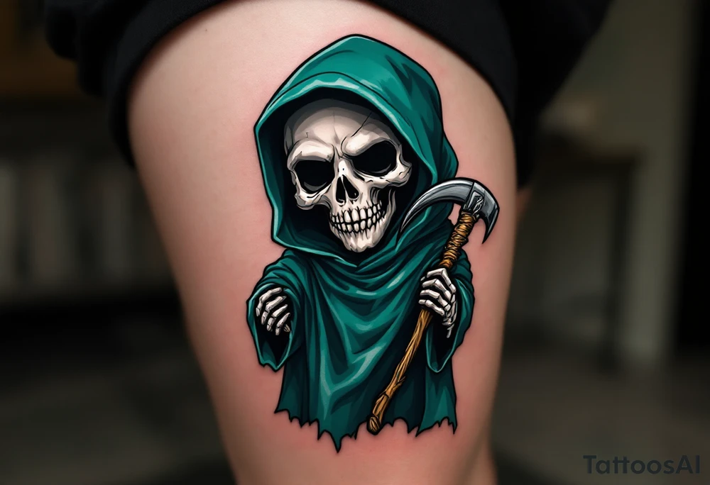 A hyper-realistic Reaper with silver bone details and a dark green cloak blending into shadows. tattoo idea