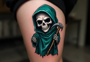 A hyper-realistic Reaper with silver bone details and a dark green cloak blending into shadows. tattoo idea