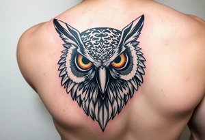 Biomechanics  large colored tripping eye owl head on the forearm tattoo idea