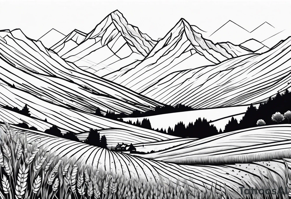 negative blackwork with mountains, hills and wheat field at bottom tattoo idea