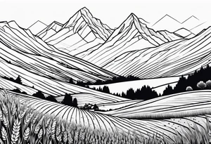 negative blackwork with mountains, hills and wheat field at bottom tattoo idea