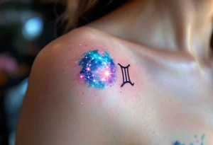 nebula-inspired Cancer constellation shines in metallic teal and lilac beside a glowing zodiac sign tattoo idea
