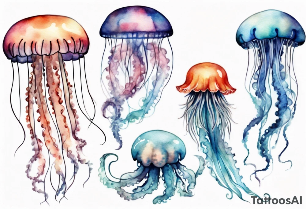 One very large jellyfish with long tentacles, surrounded by two or three smaller jellyfish tattoo idea