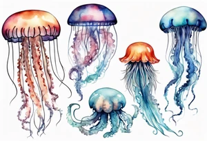 One very large jellyfish with long tentacles, surrounded by two or three smaller jellyfish tattoo idea