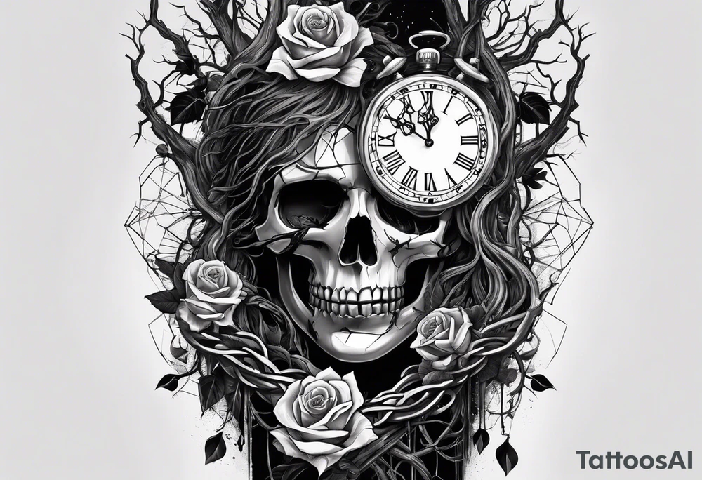 tattoo sleeve, tree roots break out of the chains at the bottom of the hand, Symbolizing loss, an image of a broken mask, Clock with flying numbers, girl, skull, roses tattoo idea