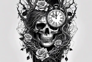 tattoo sleeve, tree roots break out of the chains at the bottom of the hand, Symbolizing loss, an image of a broken mask, Clock with flying numbers, girl, skull, roses tattoo idea