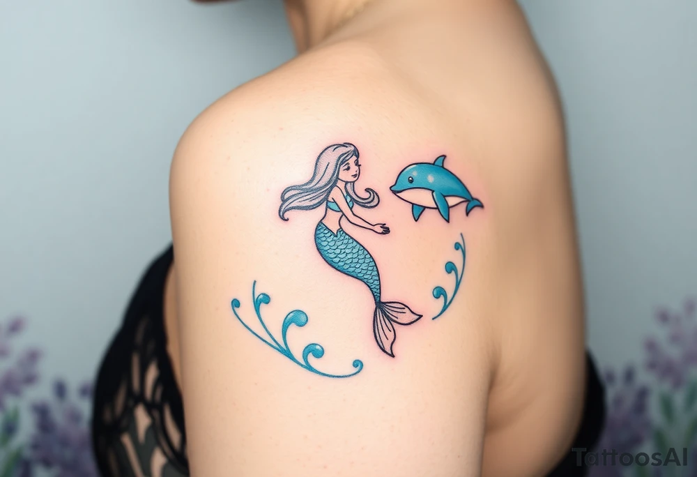 A mermaid swimming along with a dolphin through an enchanted sea tattoo idea