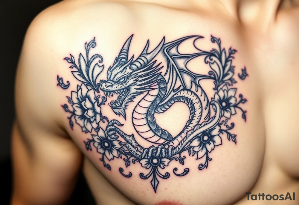Scary dragon surrounded by ornaments tattoo idea