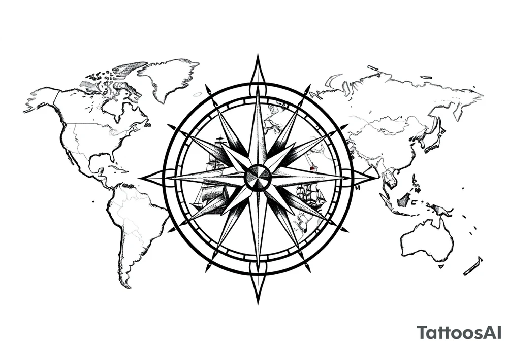 antique compass rose overlaid on weathered world map with sailing ships tattoo idea