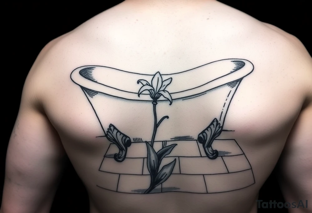 clawfoot bathtub on a tile floor and lily coming up out the floor tattoo idea