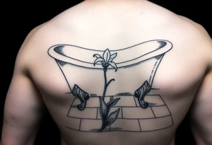clawfoot bathtub on a tile floor and lily coming up out the floor tattoo idea