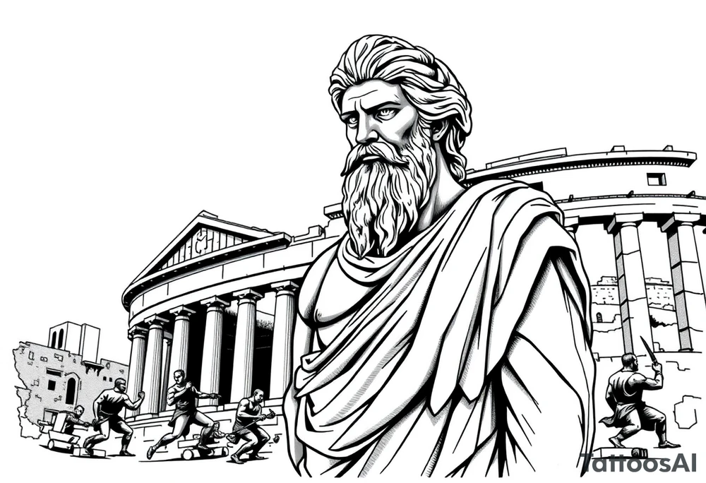 greek philosopher statue with masculine Fram in front of old broken greek buildings with fighters in the coliseum tattoo idea