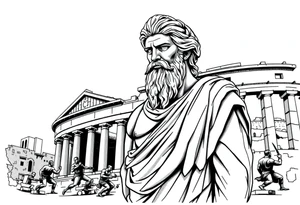 greek philosopher statue with masculine Fram in front of old broken greek buildings with fighters in the coliseum tattoo idea