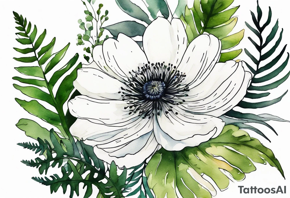 wild flower bouquet with ferns and white anemone all watercolor tattoo idea