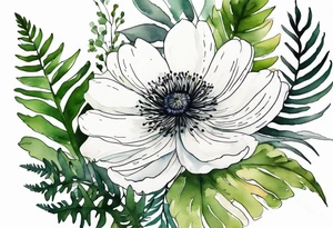 wild flower bouquet with ferns and white anemone all watercolor tattoo idea