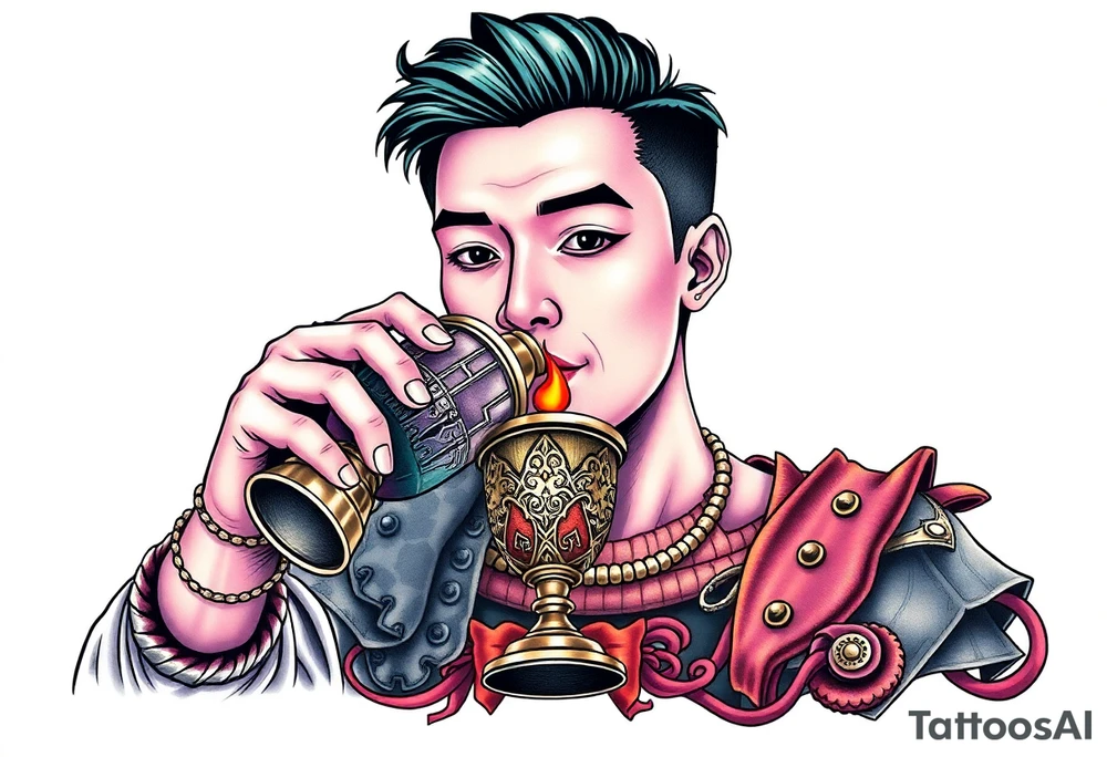 Handsome Asian young guy is drinking from medieval feast cup tattoo idea