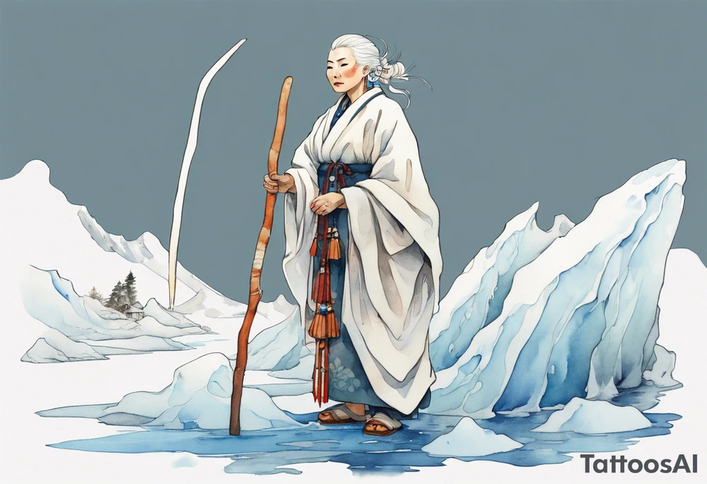a 40 year old Sami woman with white hair and a white robe holding a long white wood stick, standing on an iceberg tattoo idea