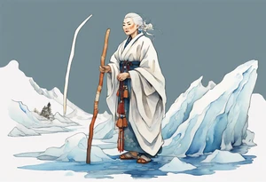 a 40 year old Sami woman with white hair and a white robe holding a long white wood stick, standing on an iceberg tattoo idea