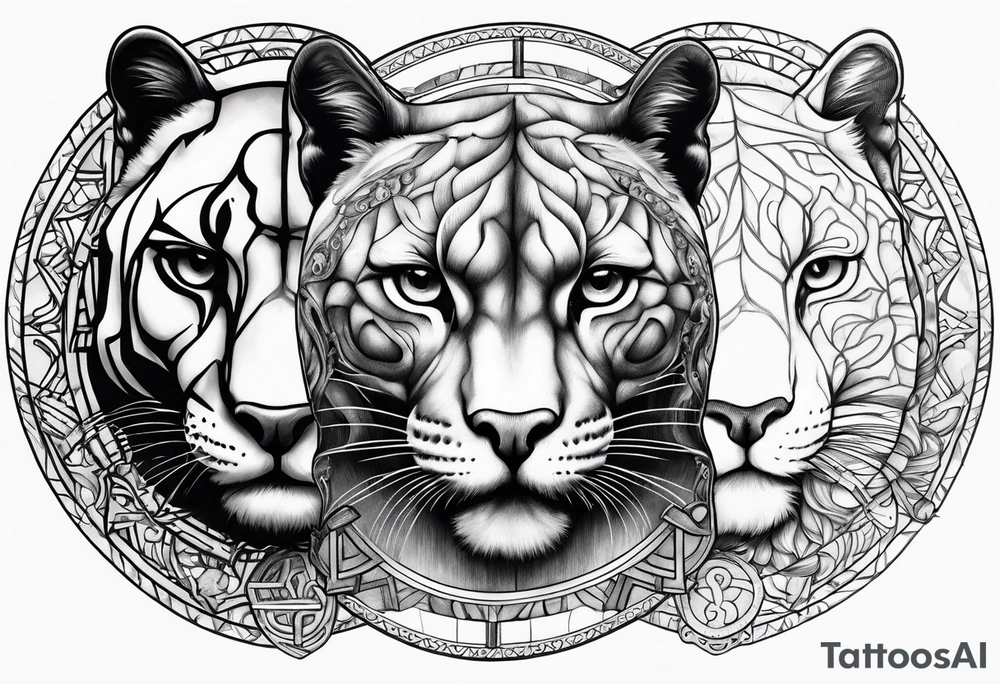 Brain in sagittal and angry cougar inside hourglass tattoo idea Brain in sagittal and angry cougar inside hourglass tattoo idea